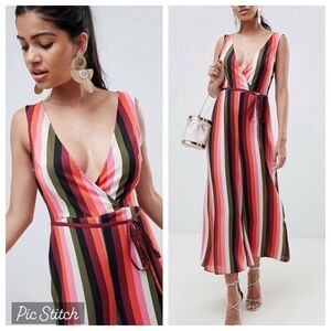 EUC ASOS Multicolor Stripe Crossfront Lowcut V Capri Jumpsuit - Size 2